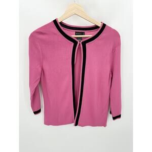 Evie Sweater Women SMALL PETITE Pink Black Trim Hook & Eye Knit Cardigan
